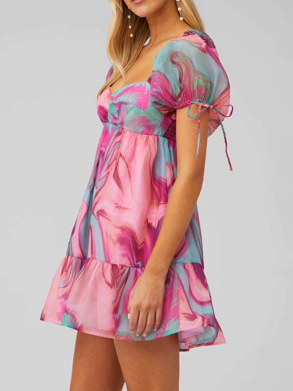 Amanda Uprichard Sicily Mini Dress Pink Blue Green Marble Print Puff Sleeves - Picture 2 of 6